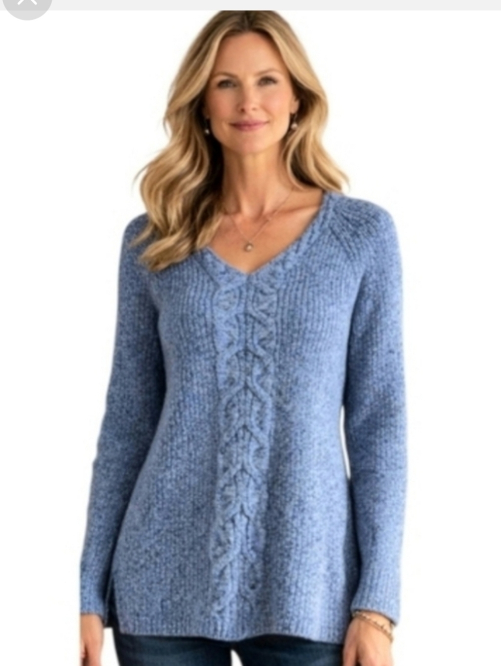 Talbots Blue Marled V-Neck Cable Sweater W/ Side Zip Accent Sz. 4 - 6  Small